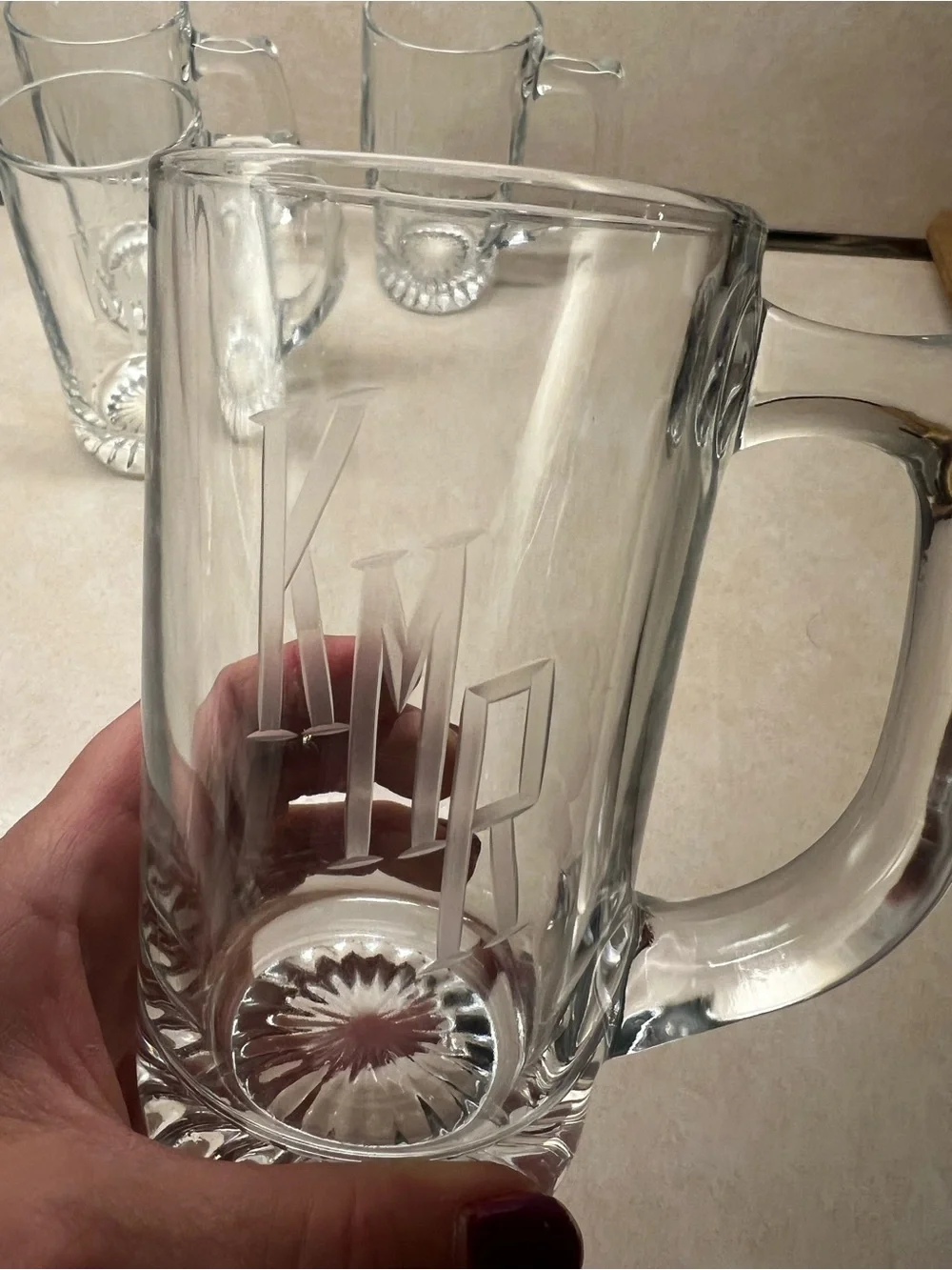 Etched Glass Beer Stein with Monogram KMR